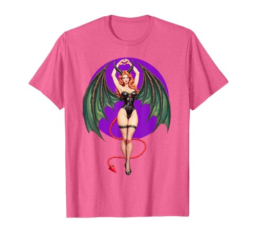Classic Vintage Pin-Up Sexy Girl by YUX Sexy Succubus Monster Halloween Hand Heart Pin-Up Girl Devil T-Shirt - size chart