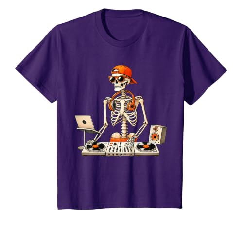 Funny Skeleton DJ Halloween Men Outfit Skeleton DJ Halloween Costume Turntable Music Funny Men Boys T-Shirt - size chart
