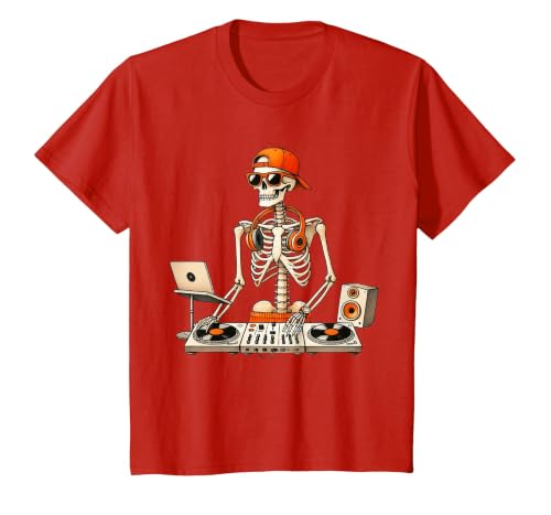 Funny Skeleton DJ Halloween Men Outfit Skeleton DJ Halloween Costume Turntable Music Funny Men Boys T-Shirt - size chart
