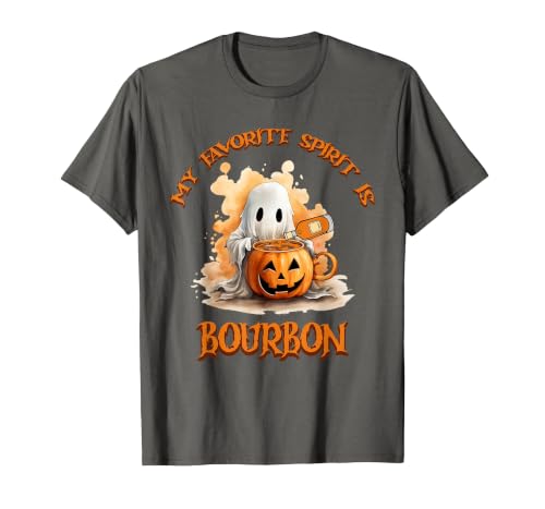 Boo Watercolor Pumpkin Cup Light Witch Hat Bottle Bourbon My Favorite Spirit is Bourbon Happy Halloween Boo T-Shirt - size