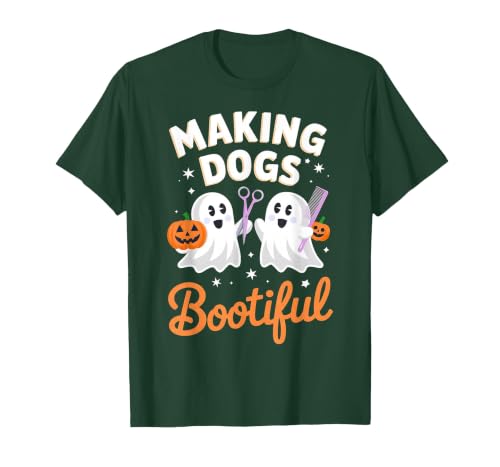 Dog Lover Spooky Grooming Groomer Attire Pet Groomer Funny Halloween Making Dogs Bootiful T-Shirt - size chart