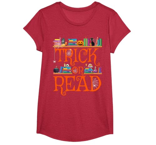 Trick or Read Funny Halloween Teacher Book Library Reading T-Shirt - size chart