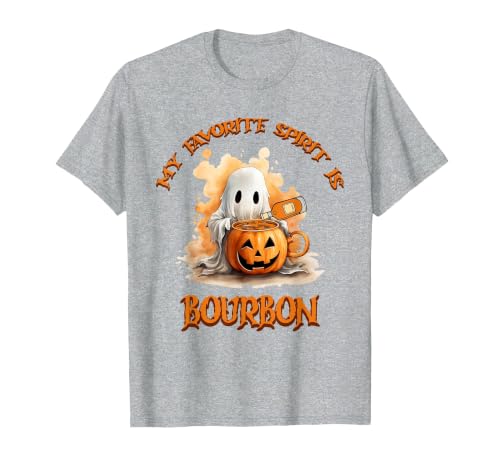 Boo Watercolor Pumpkin Cup Light Witch Hat Bottle Bourbon My Favorite Spirit is Bourbon Happy Halloween Boo T-Shirt - size