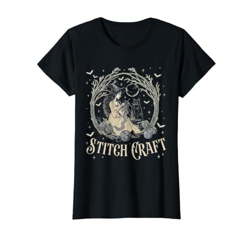 Witch Black Cat Halloween Witches Crochet Womens Stitch Craft Salem Witch Halloween Cat Witch Girls Trip T-Shirt - size chart