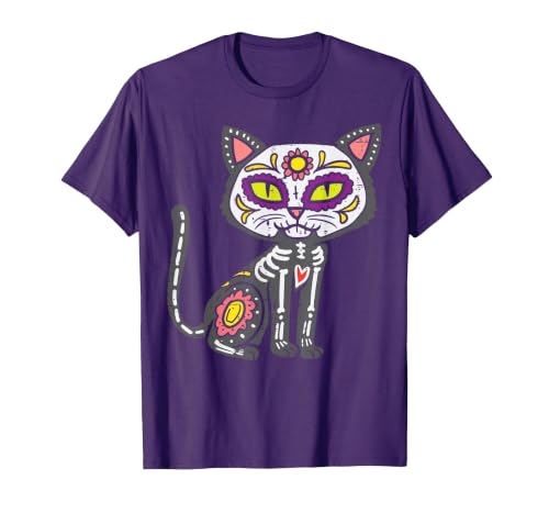 Halloween Cat Shirts For Women Men Kids Owner Sugar Skull Cat Dia De Muertos Day of Dead Halloween Mexican T-Shirt - size