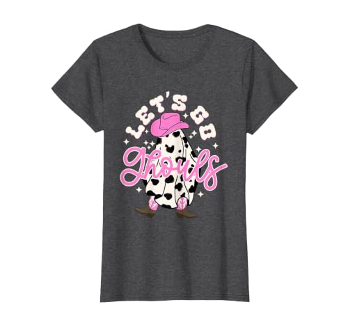 Let's Go Ghouls Cow Print Halloween Costumes Let's Go Ghouls Cowgirl Western Spooky Halloween Cute Retro T-Shirt - size chart