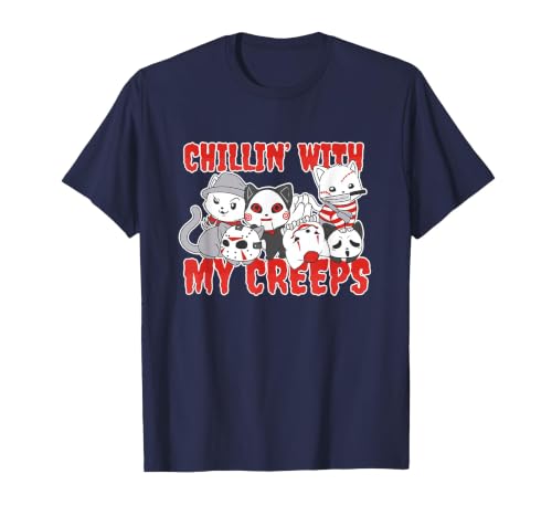 Chillin With My Creeps Apparel Chillin with My Creeps Cat Horror Killer Halloween Costume T-Shirt - size chart