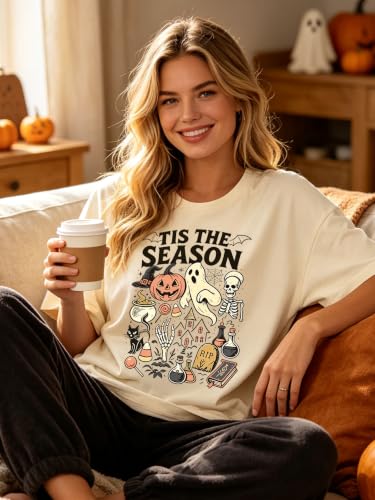 SGYHO Oversized Halloween Shirts for Women Spooky Season Pumpkin Ghost Fall Casual Tee - size chart