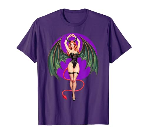 Classic Vintage Pin-Up Sexy Girl by YUX Sexy Succubus Monster Halloween Hand Heart Pin-Up Girl Devil T-Shirt - size chart