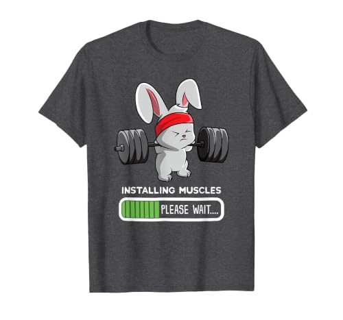 Bunny Gym Rabbit Weights Installing Muscles T-Shirt — design detail