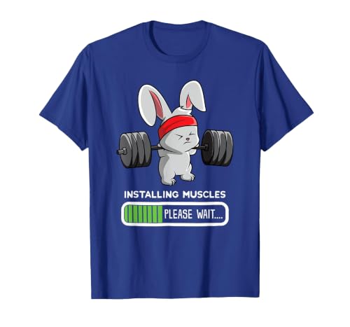 Bunny Gym Rabbit Weights Installing Muscles T-Shirt — design detail