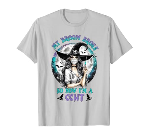 CCHT Dialysis Technician My Broom Broke So Now I'm a CCHT Dialysis Tech Halloween T-Shirt - size chart