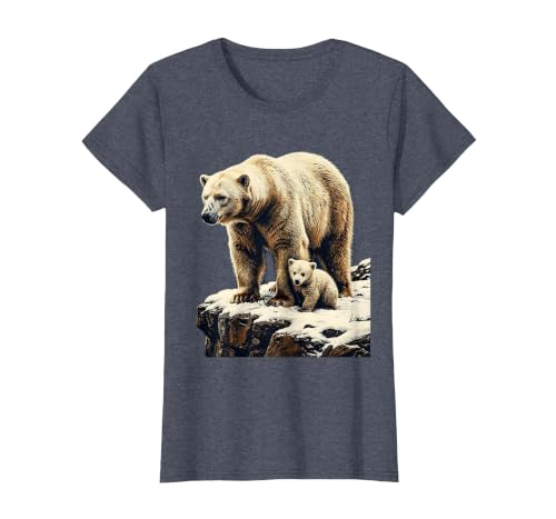 Mademark Mama Polar Bear and Cub Snowy Cliff Illustration T-Shirt - size chart