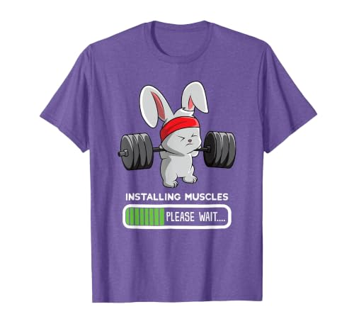Bunny Gym Rabbit Weights Installing Muscles T-Shirt — design detail