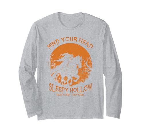Mind Your Head Sleepy Hollow Headless Horseman Halloween Long Sleeve T-Shirt - size chart
