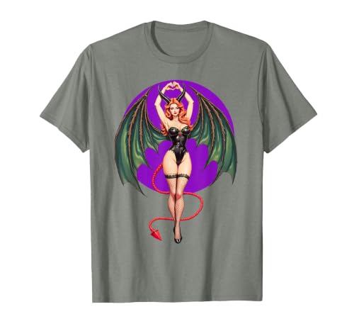 Classic Vintage Pin-Up Sexy Girl by YUX Sexy Succubus Monster Halloween Hand Heart Pin-Up Girl Devil T-Shirt - size chart