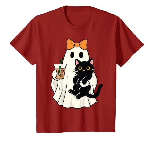 halloween iced coffee costume Cat Women Girls Cute Halloween Cat Ghost Drinking Coffee Ghost Women Girls T-Shirt - size chart