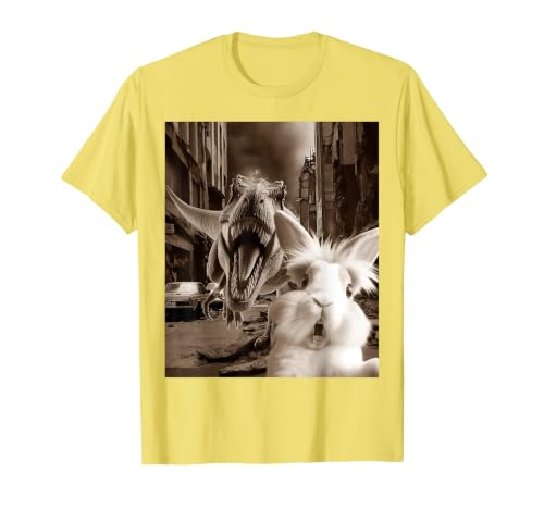 Funny Bunny Rabbit Selfie with T-Rex Tyrannosaurus Dinosaur T-Shirt — design detail