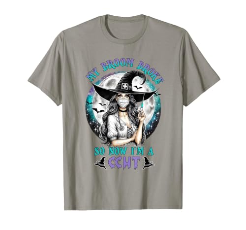CCHT Dialysis Technician My Broom Broke So Now I'm a CCHT Dialysis Tech Halloween T-Shirt - size chart