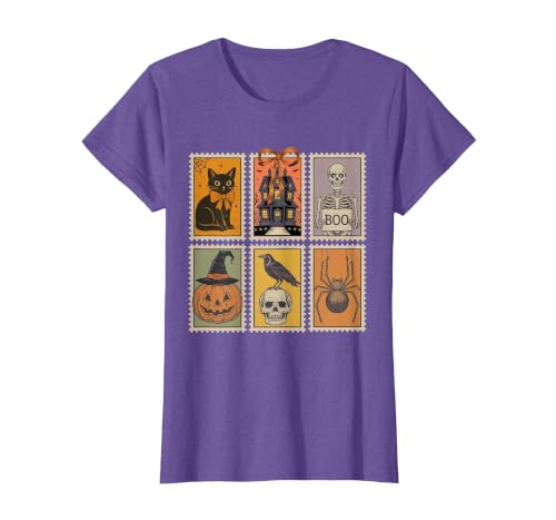Halloween Stamp Cute Ghost Cute Fall Apparel Vintage Halloween Stamp Cute Ghost Pumpkin Cat Retro Fall T-Shirt - size chart