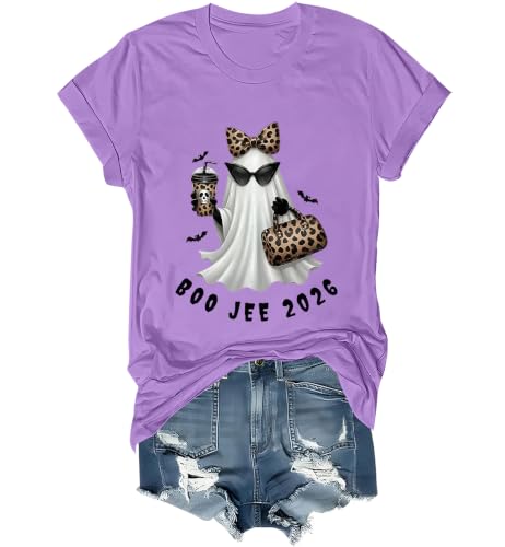 WQFQW Boo JEE 2026 Ghost Funny Halloween Leopard Print Ghost Shirt for Women - size chart
