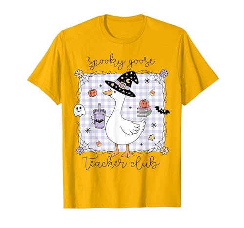 Spooky Goose Teacher Halloween Costume Funny Halloween Silly Goose Witch Spooky Goose Teacher Club T-Shirt - size chart