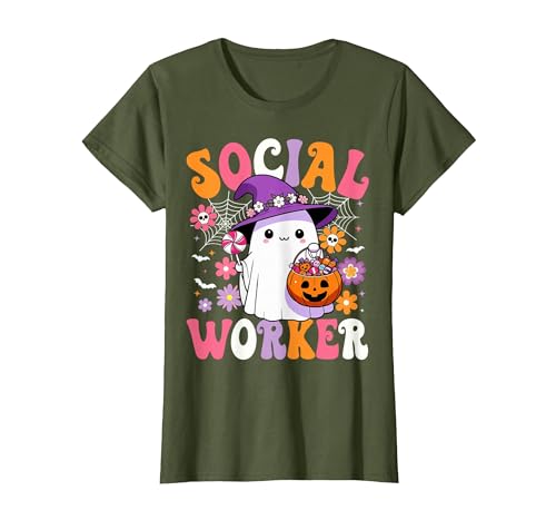 Groovy Social Worker Halloween Ghost Costume Halloween Social Worker Ghost Cute Social Worker Halloween T-Shirt - size chart