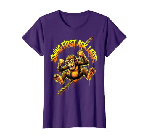 Mademark Swing First Ask Later Funny Monkey Design T-Shirt - Women - size chart