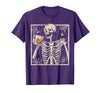 Funny Skeleton Drinking Bourbon Whiskey Halloween Alcoholic T-Shirt - size chart