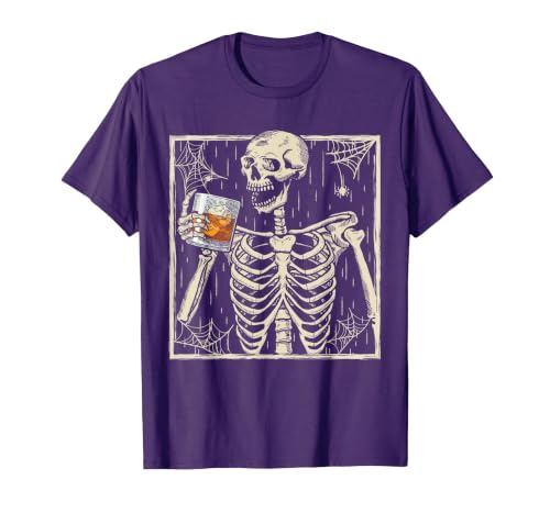Funny Skeleton Drinking Bourbon Whiskey Halloween Alcoholic T-Shirt - size chart