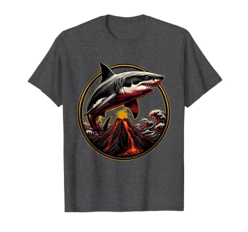 Mademark Shark Leaping Over Volcanic Island Peak T-Shirt - size chart