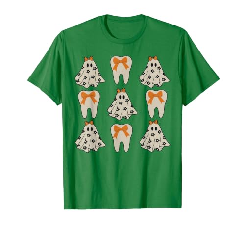 Dentist Dental Halloween Costume Tee Gifts Floral Ghost Teeth Dental Dentist Halloween Costume T-Shirt - size chart
