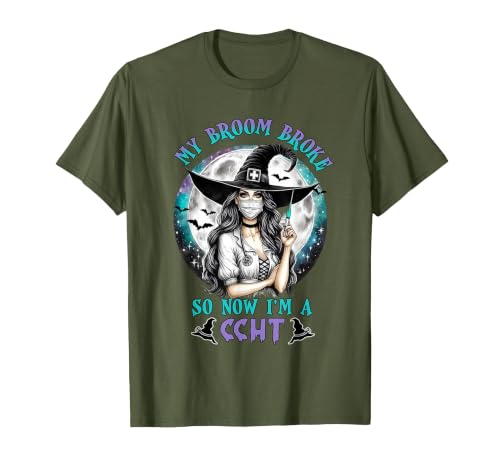 CCHT Dialysis Technician My Broom Broke So Now I'm a CCHT Dialysis Tech Halloween T-Shirt - size chart