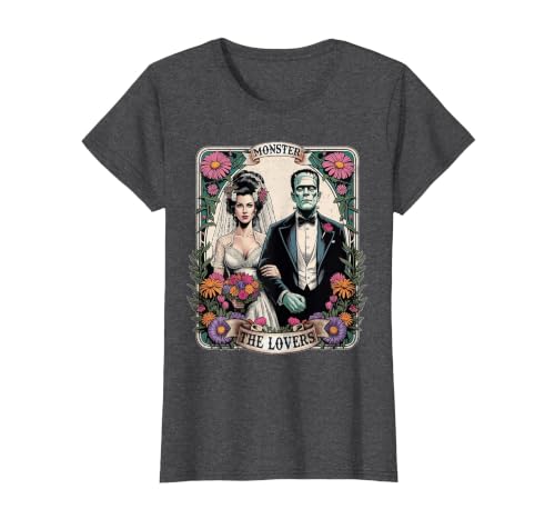 The Lovers Tarot Card Spooky Halloween Women Men The Monster Frankenstein and Bride The Lovers Tarot Card T-Shirt - size