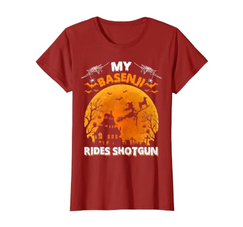 Basenji Dog Witch Halloween Gifts My Basenji Rides Shotgun Basenji Dog Halloween T-Shirt - size chart