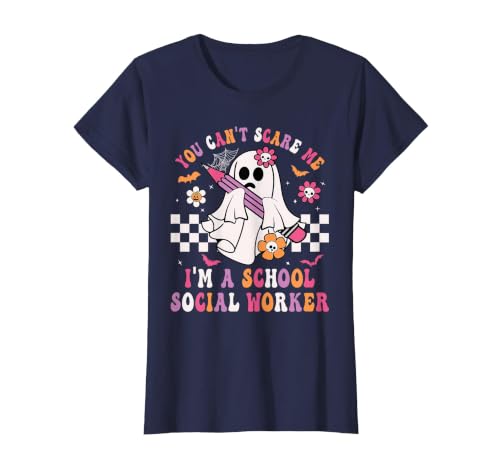 Groovy Ghost School Social Worker Halloween Shirt You Can't Scare Me I'm a School Social Worker Halloween T-Shirt - size