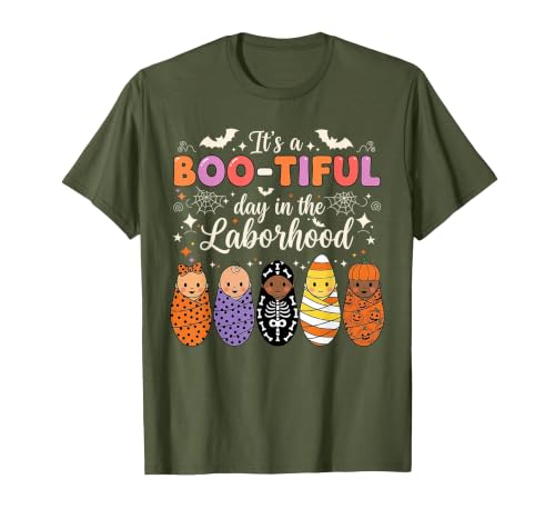 Its A Bootiful Day In The Laborhood Tee Nurse Spooky Swaddle Squad Halloween Funny Labor and Delivery T-Shirt - size chart