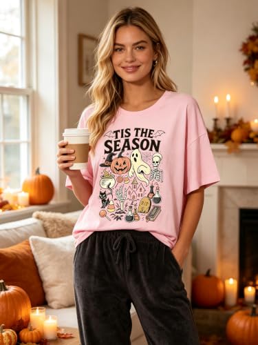 SGYHO Oversized Halloween Shirts for Women Spooky Season Pumpkin Ghost Fall Casual Tee - size chart