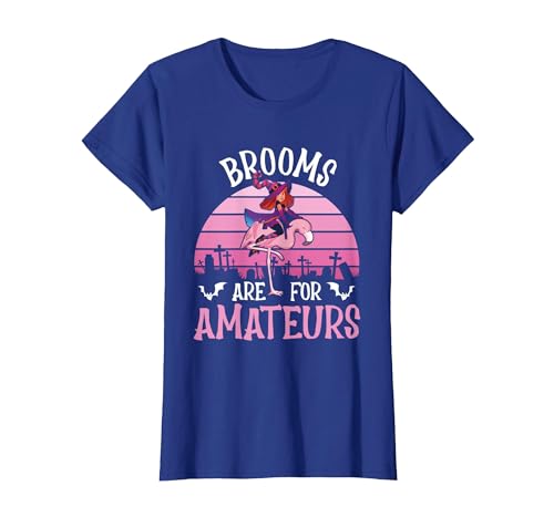 Brooms Are For Amateurs – Halloween Witch Gift Brooms are for Amateurs – Spooky Halloween Flamingo T-Shirt - size chart