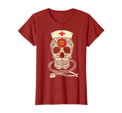 Halloween Nurse Shirts For Women Scrub Costumes Nurse Sugar Skull Stethoscope RN Medical Halloween Costume T-Shirt - size