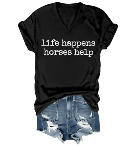 Nusyouc Life Happens Horses Help Equestrian T-Shirt Vintage Horse Lover T Shirt Tops - size chart