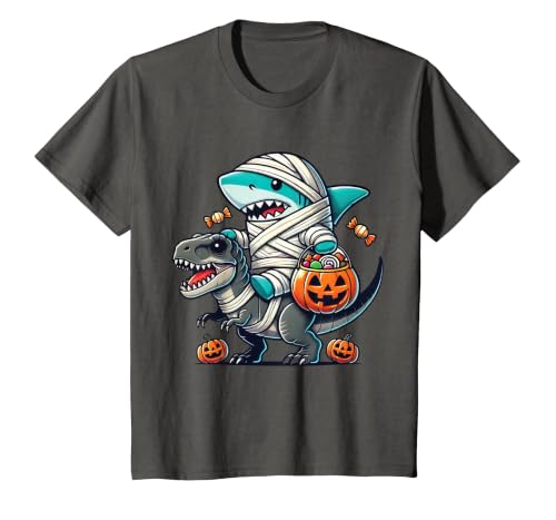 Funny Shark Dinosaur Halloween Kids Boys Tees Shark Riding Dinosaur T-rex Funny Halloween Pumpkin Boys Kid T-Shirt - size