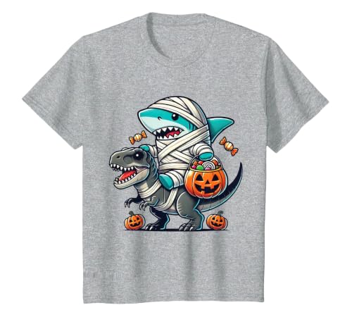 Funny Shark Dinosaur Halloween Kids Boys Tees Shark Riding Dinosaur T-rex Funny Halloween Pumpkin Boys Kid T-Shirt - size