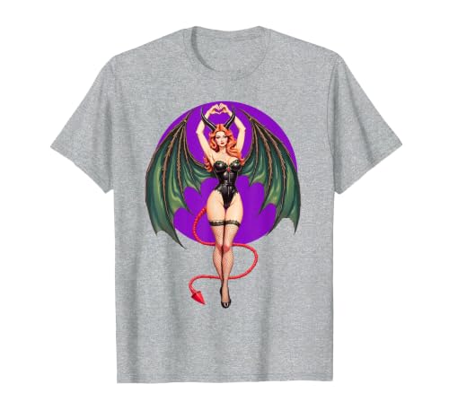 Classic Vintage Pin-Up Sexy Girl by YUX Sexy Succubus Monster Halloween Hand Heart Pin-Up Girl Devil T-Shirt - size chart