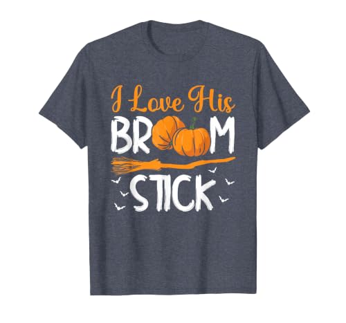 Match Halloween Couple Costumes I Love His Broomstick I Love Her Pumpkins T-Shirt - size chart