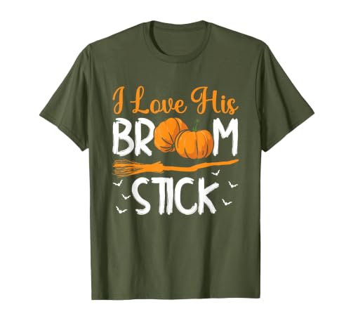 Match Halloween Couple Costumes I Love His Broomstick I Love Her Pumpkins T-Shirt - size chart