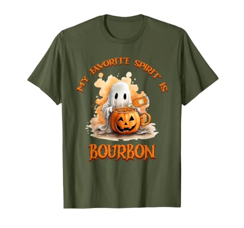 Boo Watercolor Pumpkin Cup Light Witch Hat Bottle Bourbon My Favorite Spirit is Bourbon Happy Halloween Boo T-Shirt - size