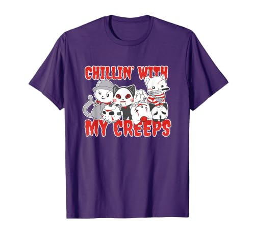 Chillin With My Creeps Apparel Chillin with My Creeps Cat Horror Killer Halloween Costume T-Shirt - size chart