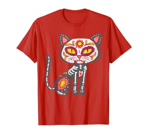 Halloween Cat Shirts For Women Men Kids Owner Sugar Skull Cat Dia De Muertos Day of Dead Halloween Mexican T-Shirt - size