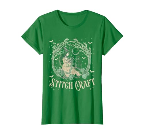 Witch Black Cat Halloween Witches Crochet Womens Stitch Craft Salem Witch Halloween Cat Witch Girls Trip T-Shirt - size chart